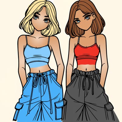 two girls with crop top with baggy pants