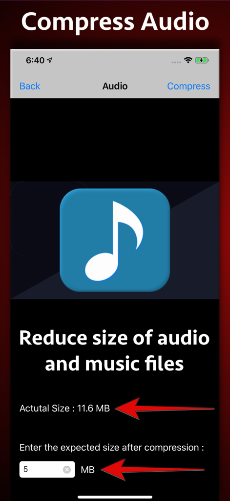 Video-Photo-Audio Compressor - Interfaz de la aplicación Compresor de Video-Foto-Audio mostrando cómo reducir un archivo de música de 11.6 MB a 5 MB