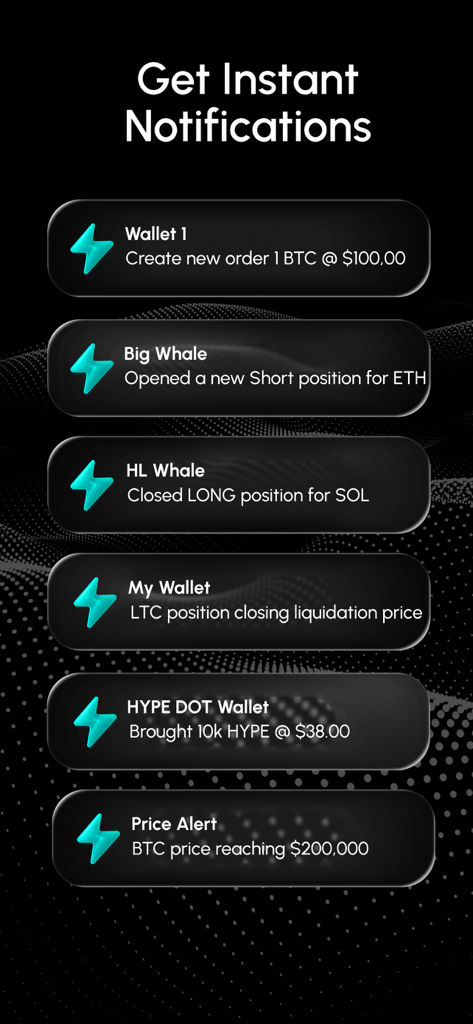 Instant push notification alerts for whale trades and wallet activity on Hyperliquid Tracker.