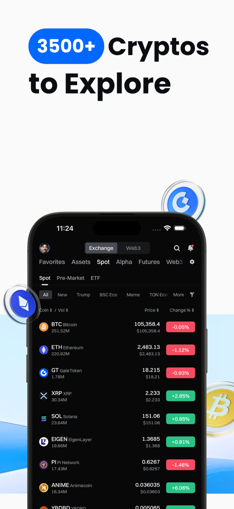 Gate: Trade BTC & ETH - Gate.io 모바일 앱 인터페이스에 다양한 암호화폐 목록과 현재 가격이 표시되어 있습니다.