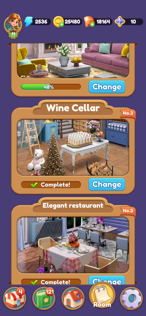 Merge Masterのメニュー。進行中のリビングルーム、完成したワインセラー、エレガントなレストランなど、様々な装飾された部屋が表示されています。