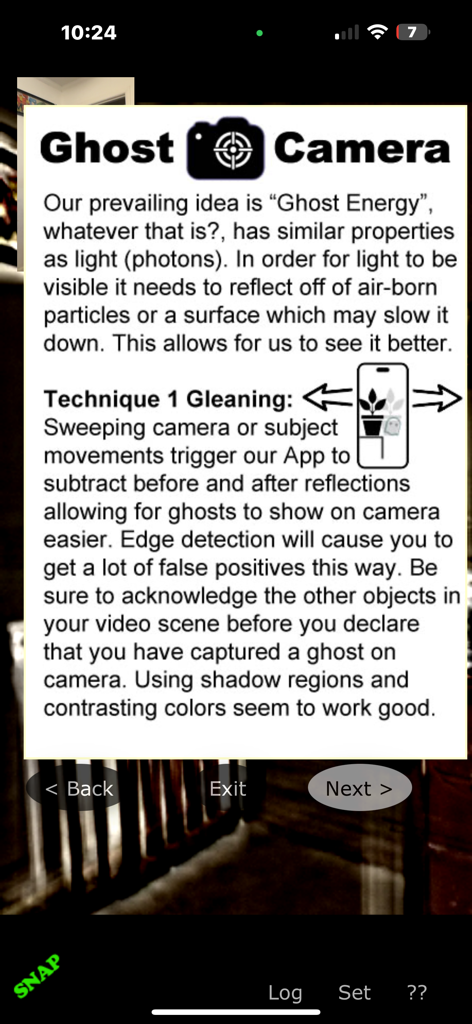 Ghost Camera by Pocket Future - Tutorial screen in the Ghost Camera app explaining the Gleaning technique and the pseudo-scientific theory of ghost energy.