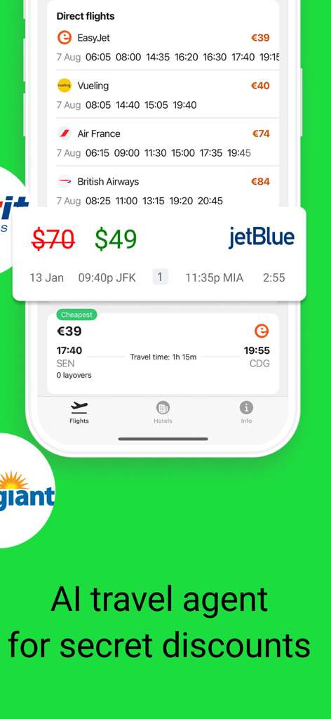 All Airlines:Best flight deals - Mobile app interface displaying flight price comparisons and secret discounts for airlines like JetBlue
