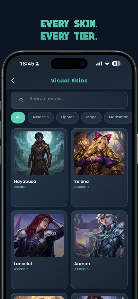 Vinzz Tools GFX - Vinzz Tools GFX app interface showing the visual skins browser with hero cards and role filters