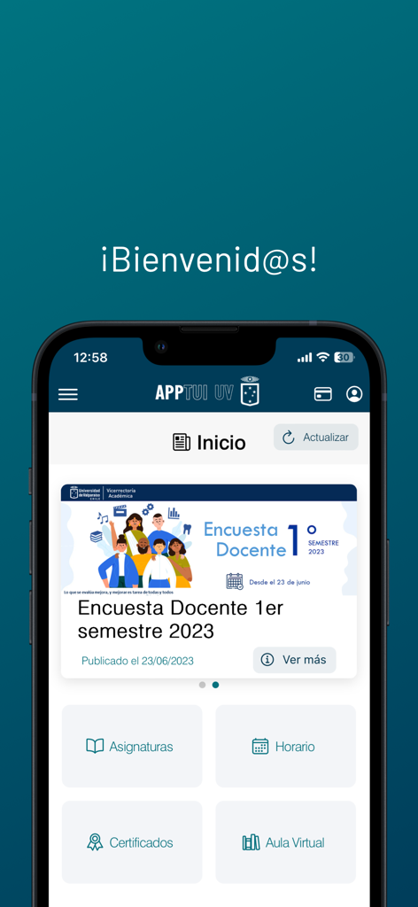 AppTUI UV Digital - Pantalla de inicio de la aplicación AppTUI UV Digital que muestra el panel del estudiante con accesos directos académicos