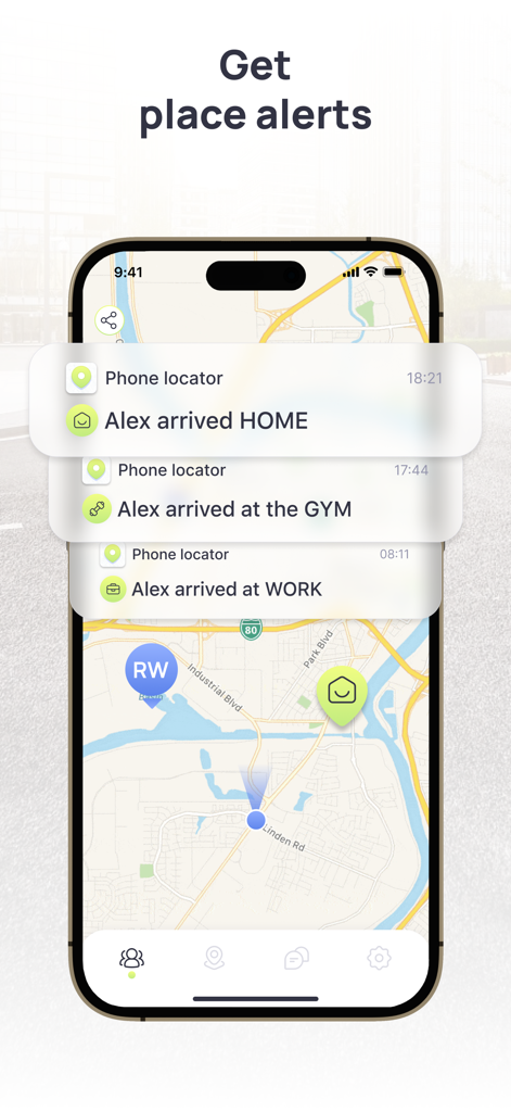 Iphone screen showing place arrival notifications and real time GPS tracking on a map
