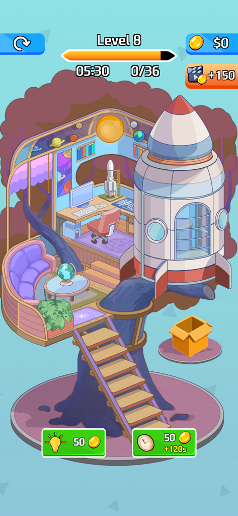 Cozy Room: Dreamy Home Decor - Cozy Roomモバイルゲームの宇宙をテーマにしたツリーハウスの部屋。ロケットとデスクが特徴。