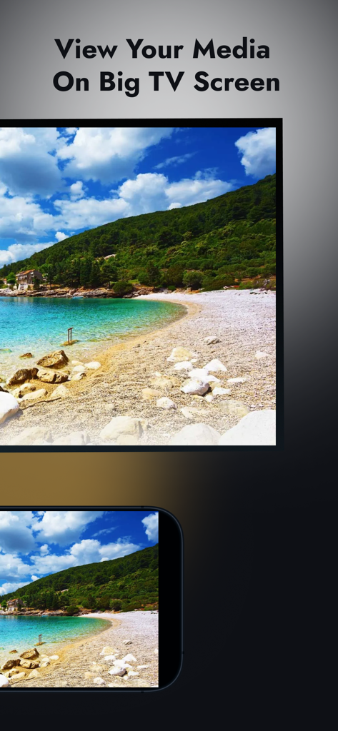 A smartphone casting a beach landscape photo to a large television screen