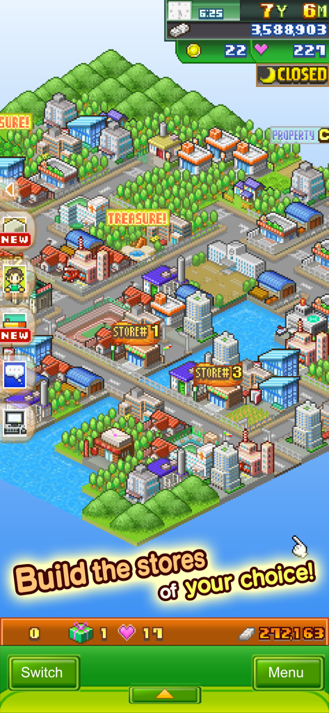 Isometric pixel art city and store management gameplay in Biz Builder Delux SP