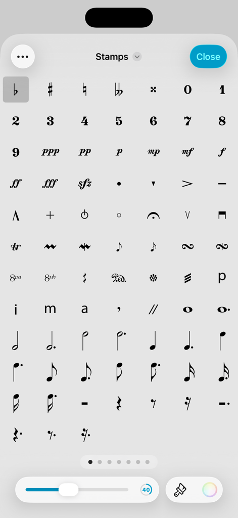 forScore - A library of musical notation symbols and dynamics stamps within the forScore app interface.