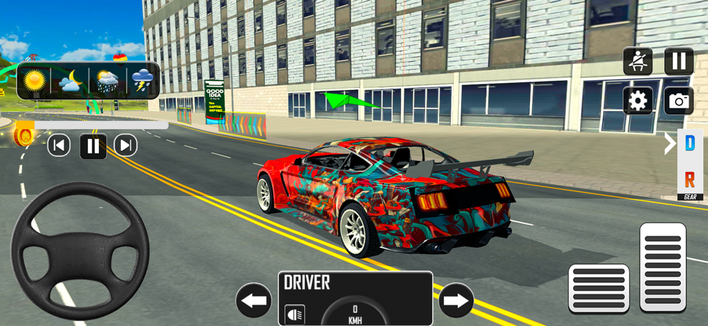 Driving Academy Car Game - Um carro esportivo colorido dirigindo em uma estrada da cidade em um jogo de simulação de autoescola móvel mostrando controles de direção e pedais.