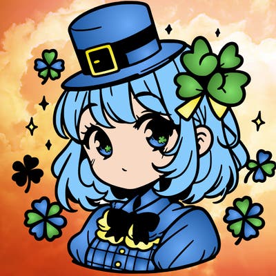 a manga-style girl with clovers around her, a little hat in her hair, like it's saint patrick's day