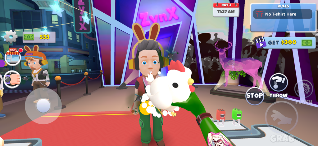 A security guard character holding a chicken in front of a nightclub entrance with a dress code rule displayed in Guard Life Nightclub 3D.