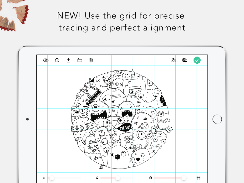 Tracing Board | Lightbox - iPad showing the Tracing Board app with a monster illustration and a blue grid overlay for precise drawing alignment