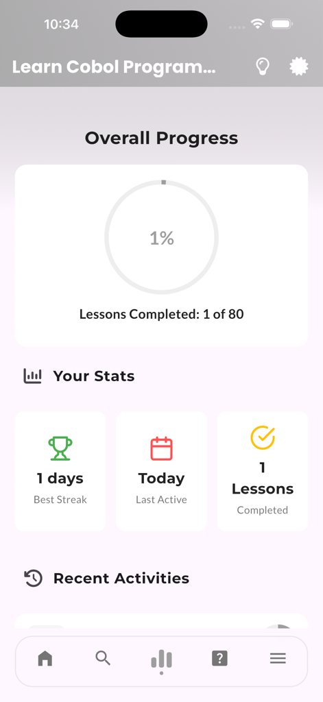 Learn Cobol Programming Pro - User dashboard of the Learn Cobol Programming Pro app showing progress stats and lessons completed