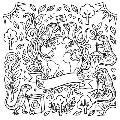 Join a group of charming anoles as they enthusiastically celebrate Earth Day, spreading awareness for environmental protection and recycling. This vibrant coloring page is packed with delightful scenes of nature and sustainability, perfect for inspiring creativity.
