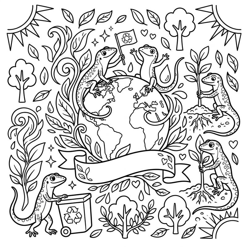 Join a group of charming anoles as they enthusiastically celebrate Earth Day, spreading awareness for environmental protection and recycling. This vibrant coloring page is packed with delightful scenes of nature and sustainability, perfect for inspiring creativity.