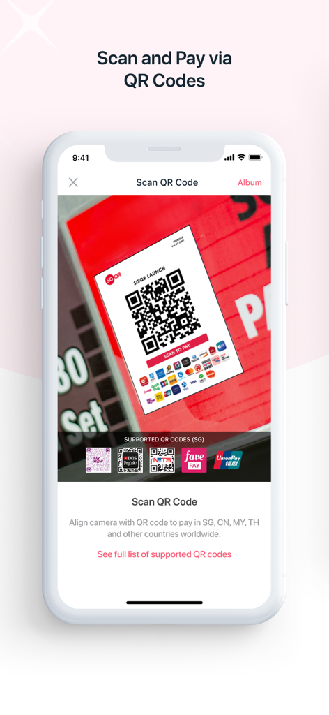 DBS PayLah! - DBS PayLah app interface for scanning and paying via QR codes internationally