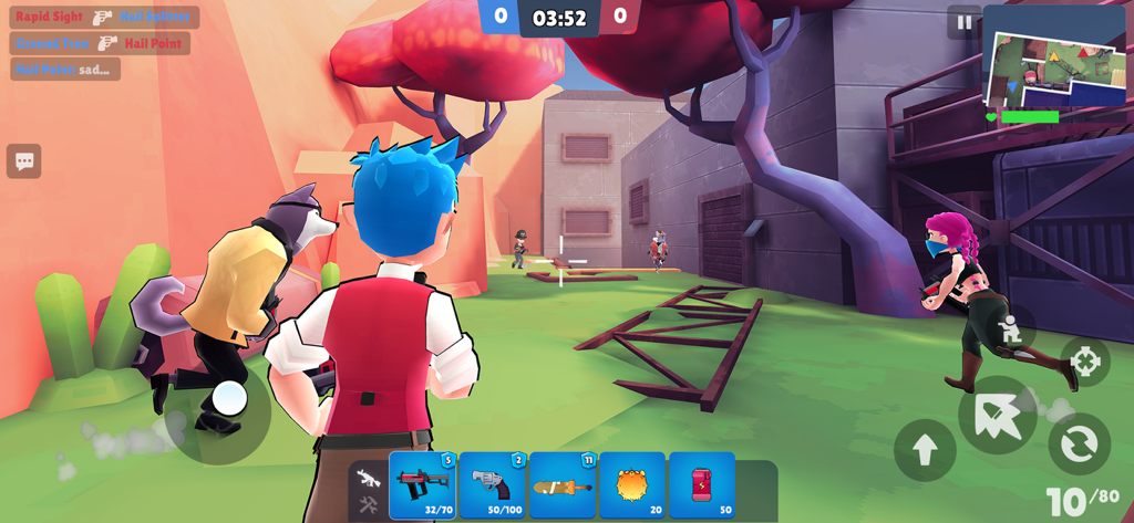 Vortex 9 - shooter games - Eine Third-Person-Shooter-Gameplay-Szene aus Vortex 9 mit verrückten Charakteren in einer bunten Kampfarena