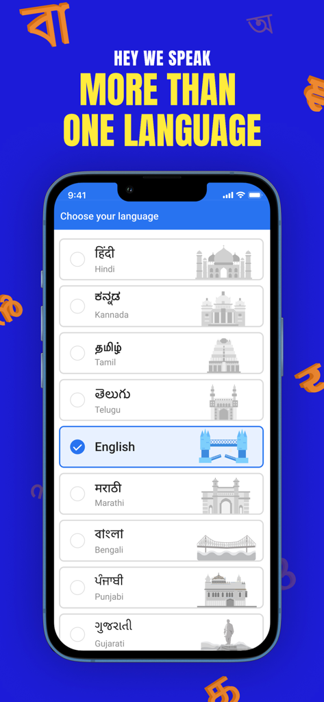 Flipkart - Online Shopping App - Flipkart 앱의 모바일 인터페이스로, 힌디어, 칸나다어, 타밀어, 영어 등 지역 인도어 옵션 목록을 보여줍니다.