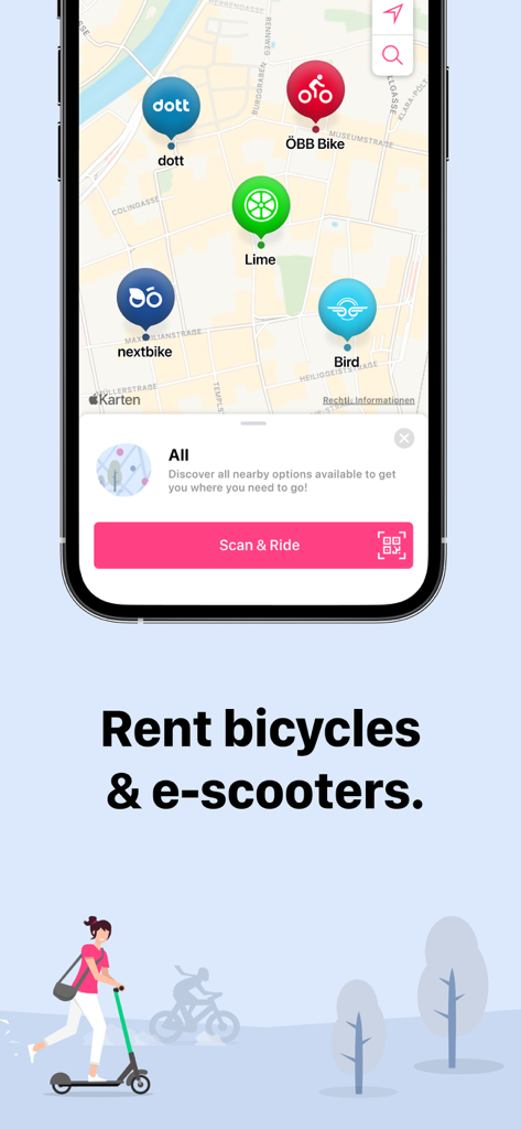 wegfinder - Wegfinder app screen showing a map with available bicycles and e-scooters for rent