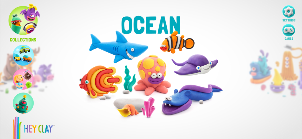 HEY CLAY® - HEY CLAY app screen showing a collection of colorful clay sea creatures including a shark and a clownfish
