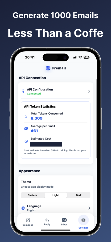 Fremail - AI Email Generator - Fremail app settings screen showing API token statistics and appearance configuration