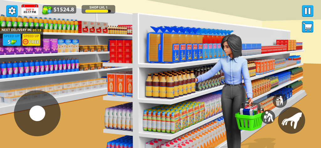 Supermarket Store Simulator 3D - A character holding a shopping basket while browsing products in a 3D supermarket simulator game.