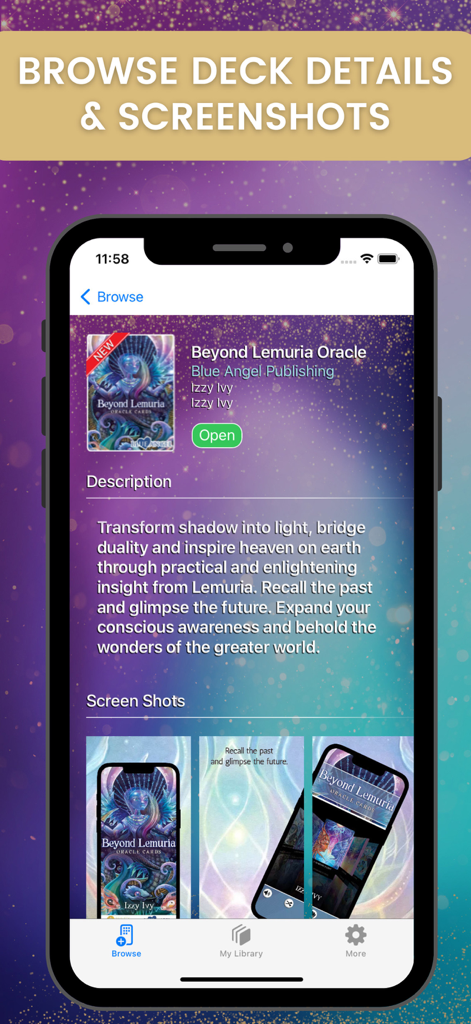 Beauty Everywhere Oracle Cards - Screenshot of the Beauty Everywhere app showing details and previews for the Beyond Lemuria Oracle deck