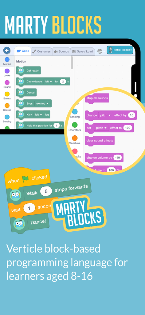 Interfaz de programación basada en bloques verticales de MartyBlocks para codificar Marty the Robot