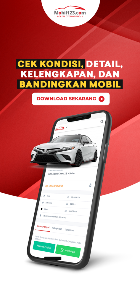 Mobil123.com Mobil baru-bekas - A smartphone showing a detailed used car listing on the Mobil123 app with price and specifications