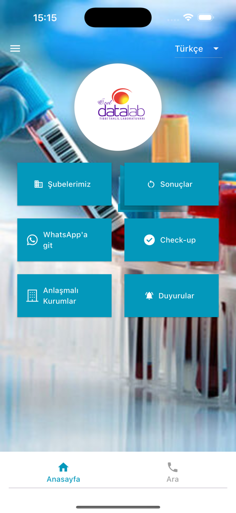 Tela inicial do aplicativo médico Datalab exibindo botões para resultados de exames e serviços de saúde