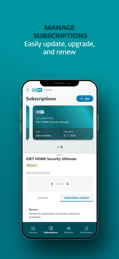 Pantalla de la app móvil ESET HOME que muestra la gestión de suscripciones de seguridad con renovación automática y el recuento de dispositivos protegidos
