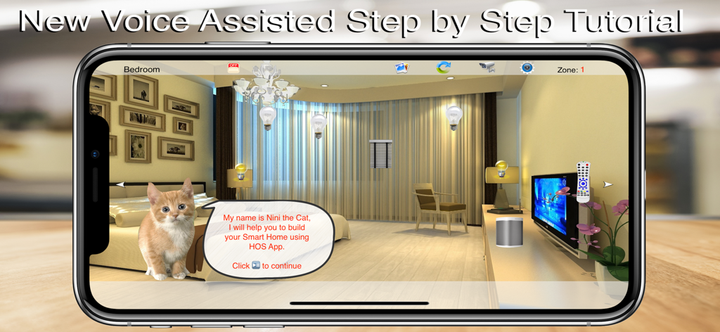 HOS Smart Home IP Control - HOS Smart Home app voice assisted step by step tutorial screen with virtual room interface
