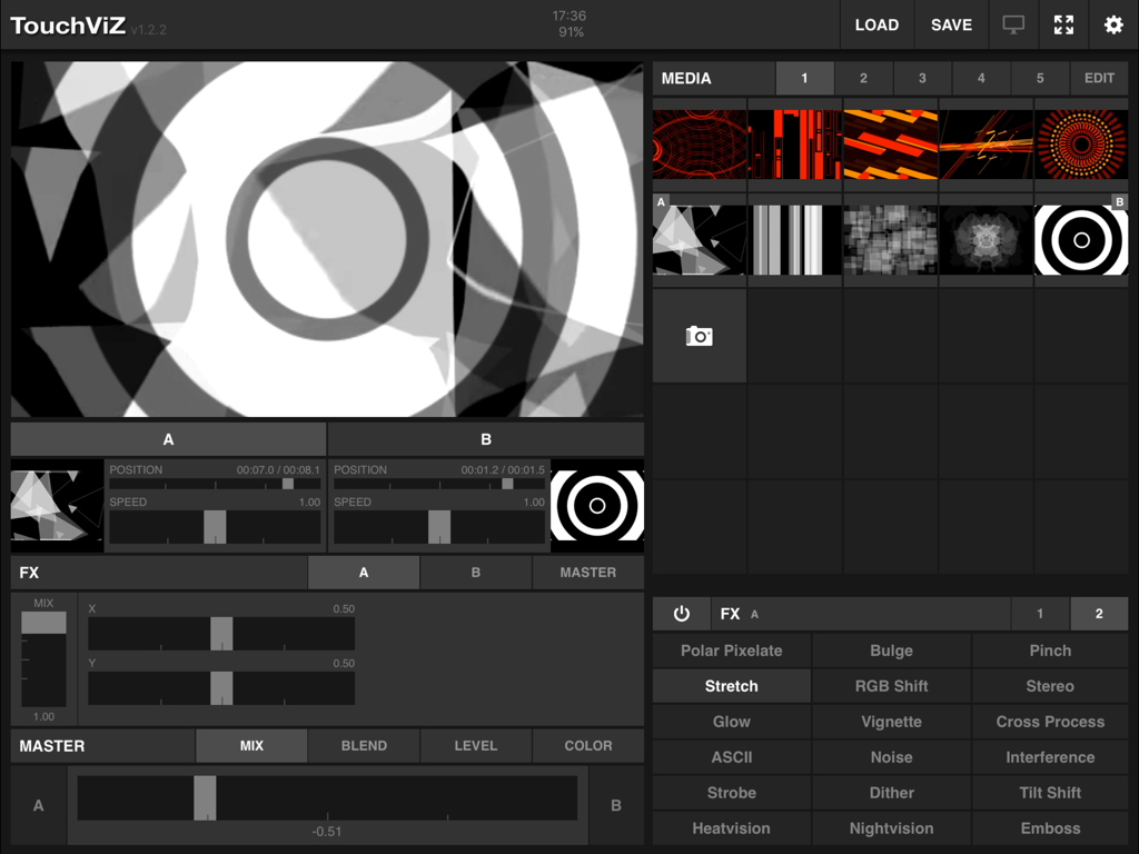 TouchViZ - TouchViZ iPad app showing live dual channel video mixing and effect controls