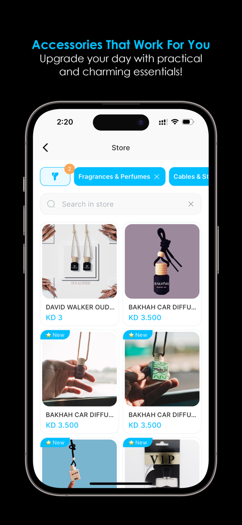 Ghaseel Car Wash - غسيل سيارات - Screenshot of the Ghaseel Car Wash app store page showing various car fragrances and perfumes available for purchase.