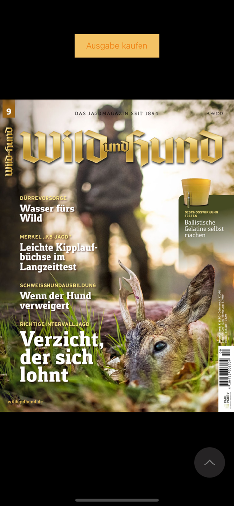 Digital cover of the Wild und Hund hunting magazine within the Jagdpresse app featuring a roe deer and hunting articles
