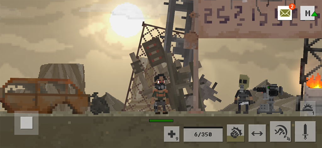 A pixel art character stands in a post-apocalyptic wasteland with a rusted car and a turret