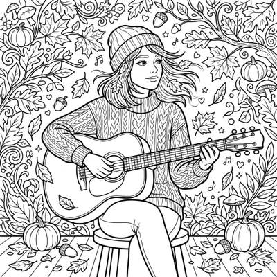 Capture the cozy spirit of fall with this beautiful coloring page featuring a musician strumming a guitar. Surrounded by intricate autumn foliage, pumpkins, and acorns, it's a perfect blend of music and seasonal charm for all ages.