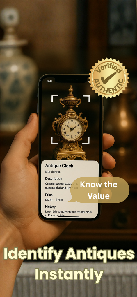 A mobile app scanning a vintage clock to identify its value and history