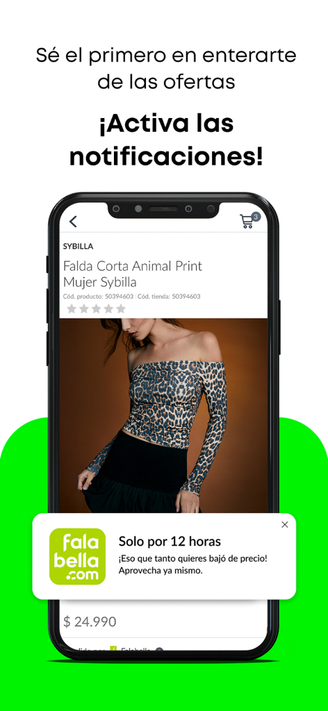 falabella.com – Compra online - Smartphone que muestra la app Falabella con un producto de moda y una notificación de oferta