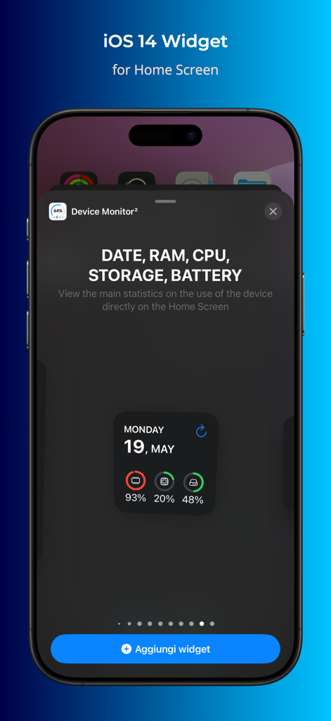 Device Monitor² - Preview of Device Monitor app widget for iOS home screen displaying real-time system stats like RAM and CPU usage