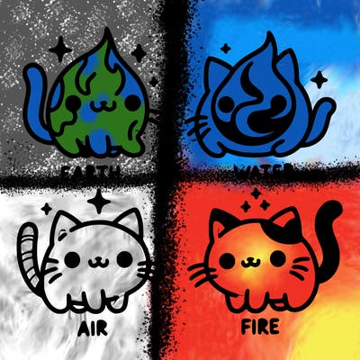 4 cats that represent the different elements, earth, water, air, and fire