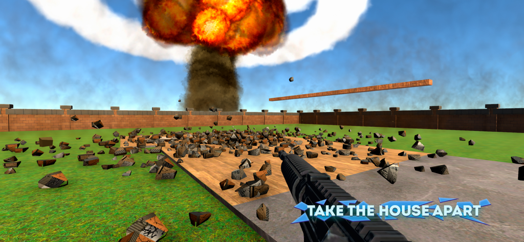 Destruction Simulator: Crashes - First person gameplay showing a large explosion and rubble from a destroyed house