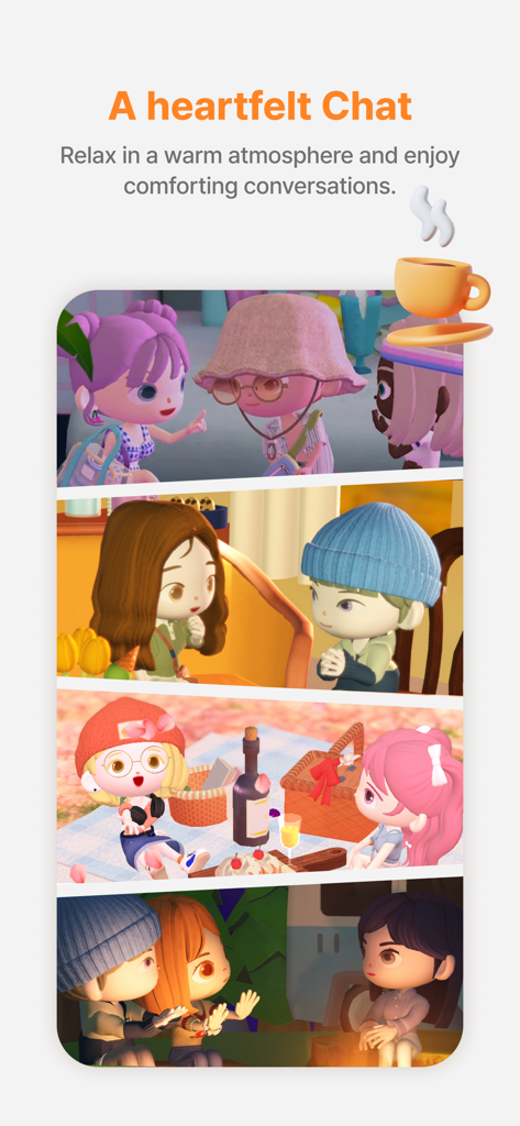 Moii - Heartfelt Connections - Four scenes showing 3D avatars interacting in cozy social settings like a picnic, a cafe, and a campfire for heartfelt conversations.