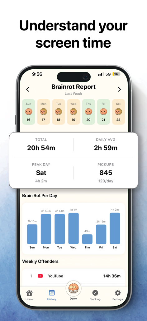 Weekly screen time report dashboard showing usage hours and daily app statistics.
