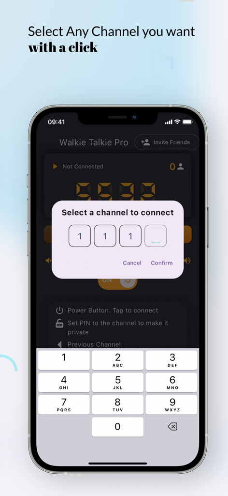 Group Talks: Walkie Talkie Pro - Channel selection interface in the Group Talks Walkie Talkie Pro app showing a numeric keypad.