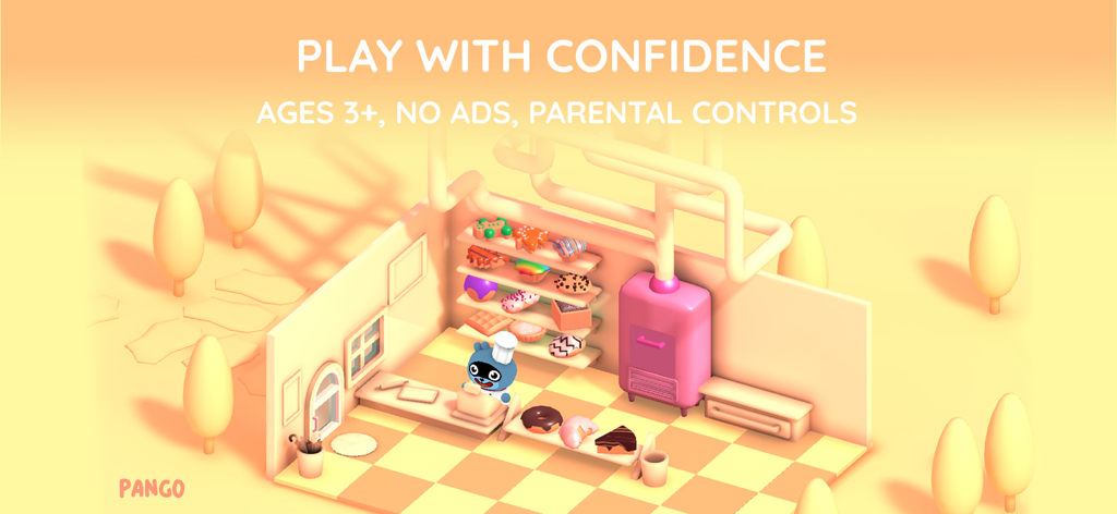 Pango Bakery: Obstacle Course - A colorful 3D bakery scene in the Pango Bakery app highlighting parental controls and safety features for children.