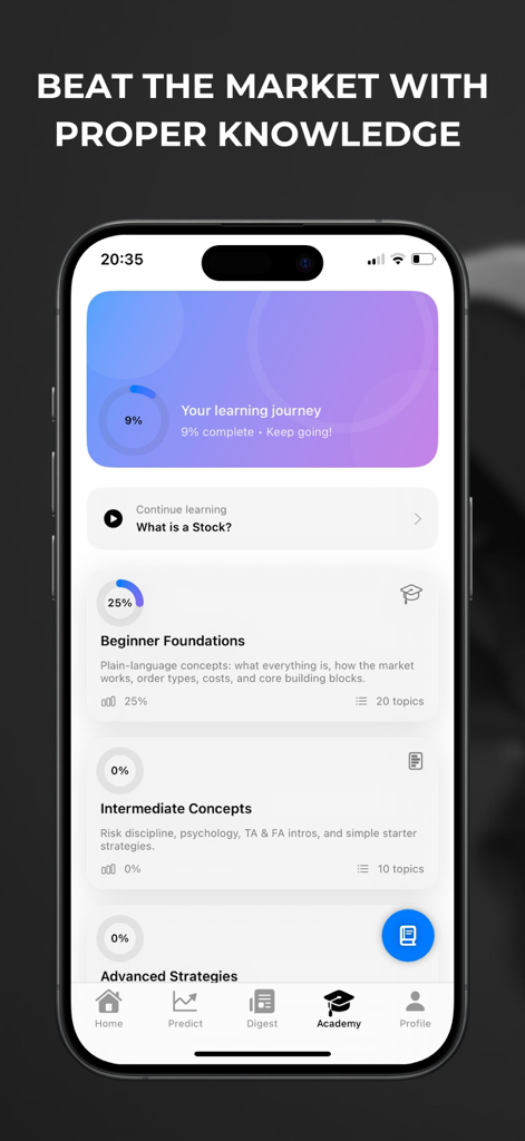 Finnext: AI Stock Forecasts - Finnext mobile app Academy screen displaying stock market learning paths from beginner to advanced levels