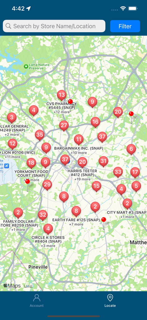 ebtEDGE - Vista mappa nell'app ebtEDGE che mostra rivenditori vicini come CVS e Family Dollar che accettano benefici SNAP e WIC.